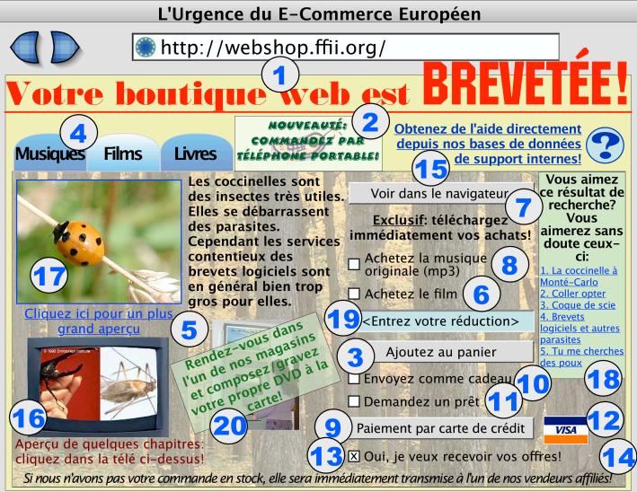 Image d'une boutique web avec tous les �l�ments et les proc�d�s sous le joug d'un brevet europ�en accord�, indiqu� par un nombre